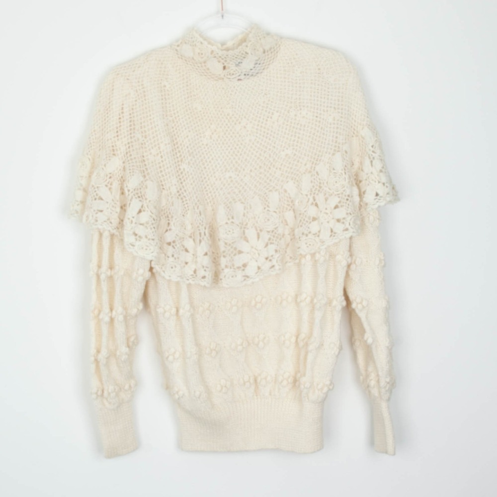 Catharine Lover Womens Hand Knitted Victorian Style Wool Sweater Size L Ivory